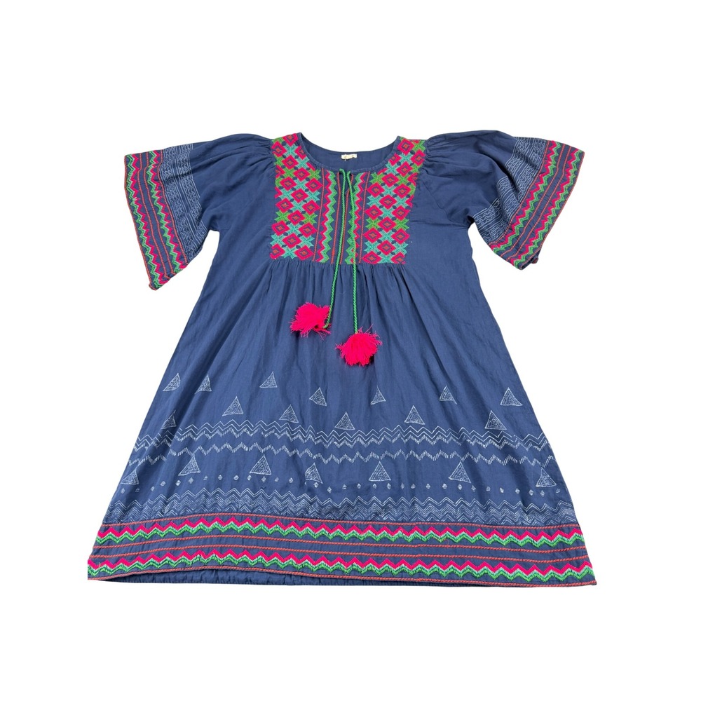 Dolma Navy Blue Cotton Embroidered Boho Tassel Mini Dress One Size Womens